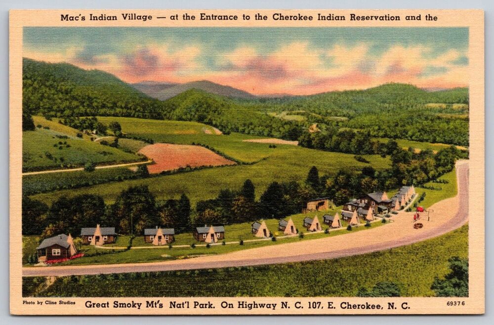 Vtg Mac's Indian Village Cherokee NC Linen Postcard Teepee Cabins Smoky Mtns